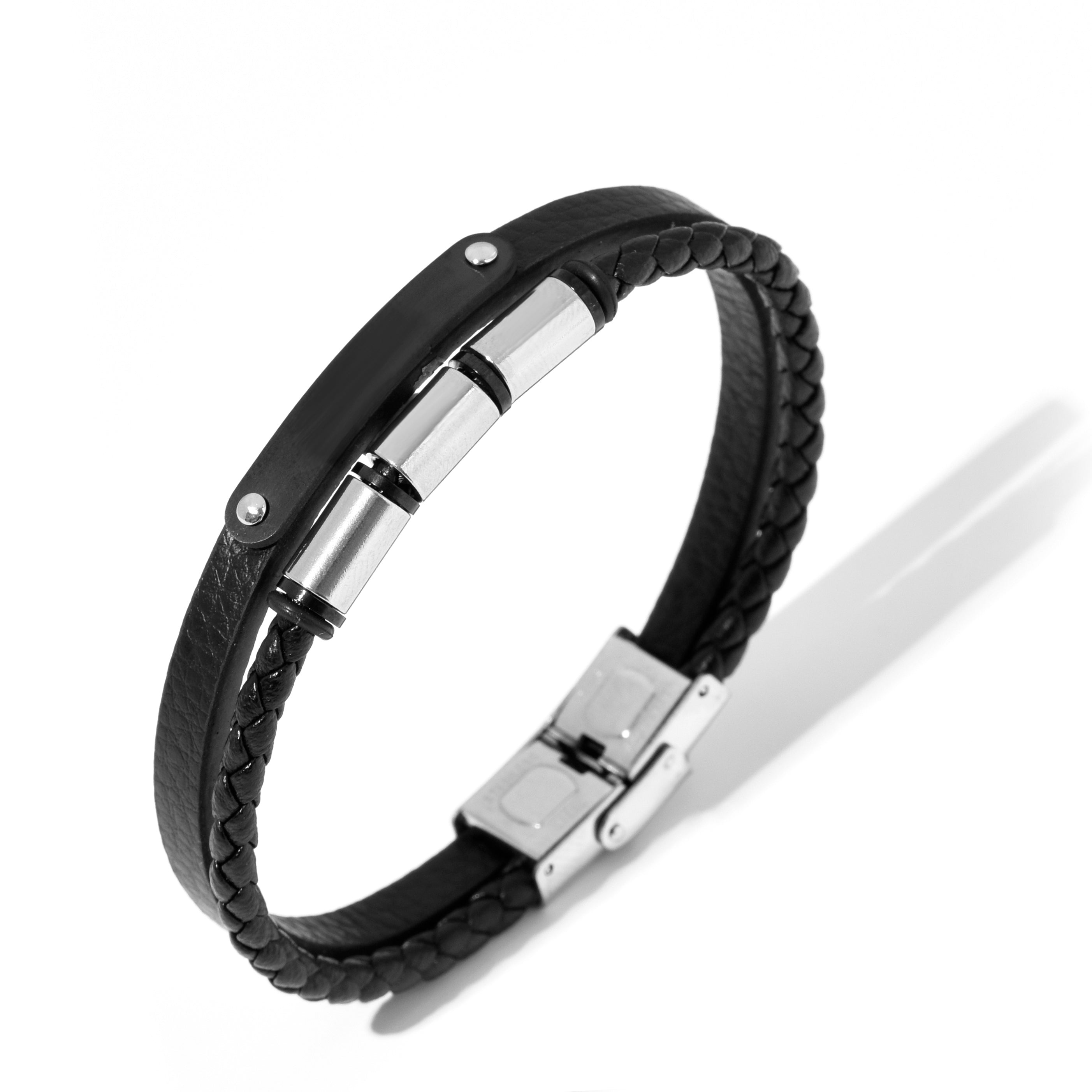 Bratara barbati din piele naturala negru-argintiu Magnus