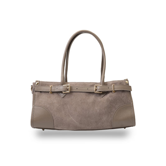 Dunkel taupefarbene Evelin Handtasche aus echtem Leder