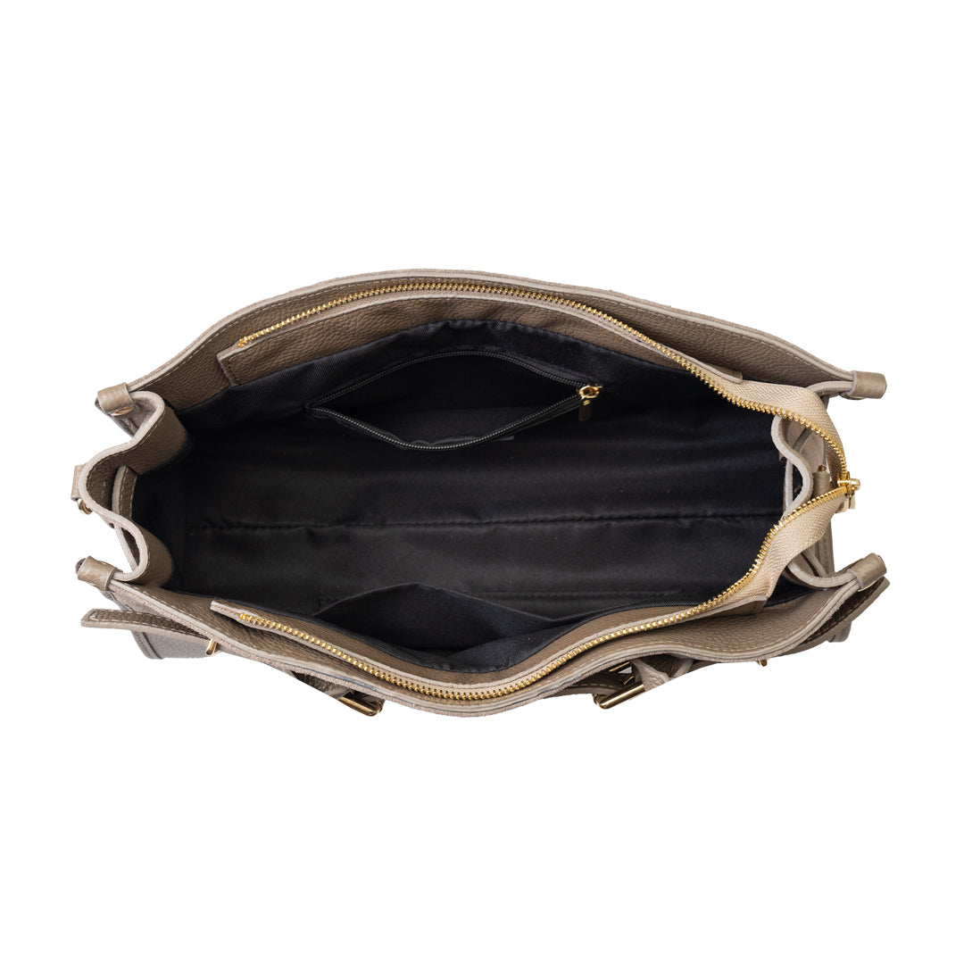 Dunkel taupefarbene Evelin Handtasche aus echtem Leder