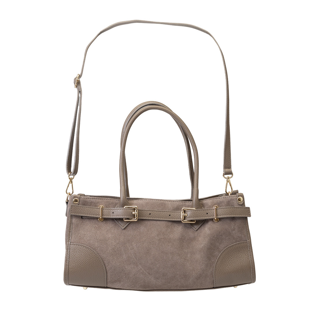 Dunkel taupefarbene Evelin Handtasche aus echtem Leder