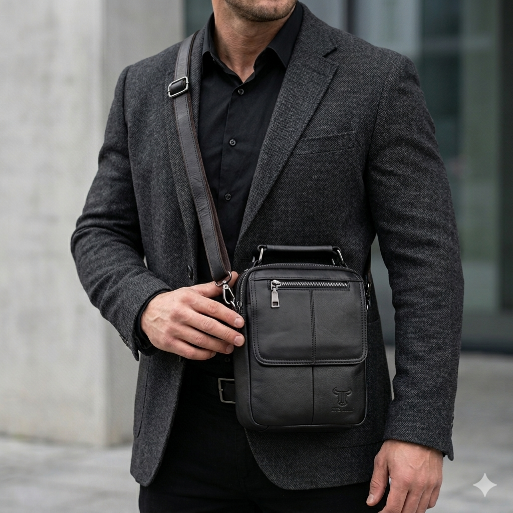 Sac bandoulière pour homme en cuir véritable noir Trio