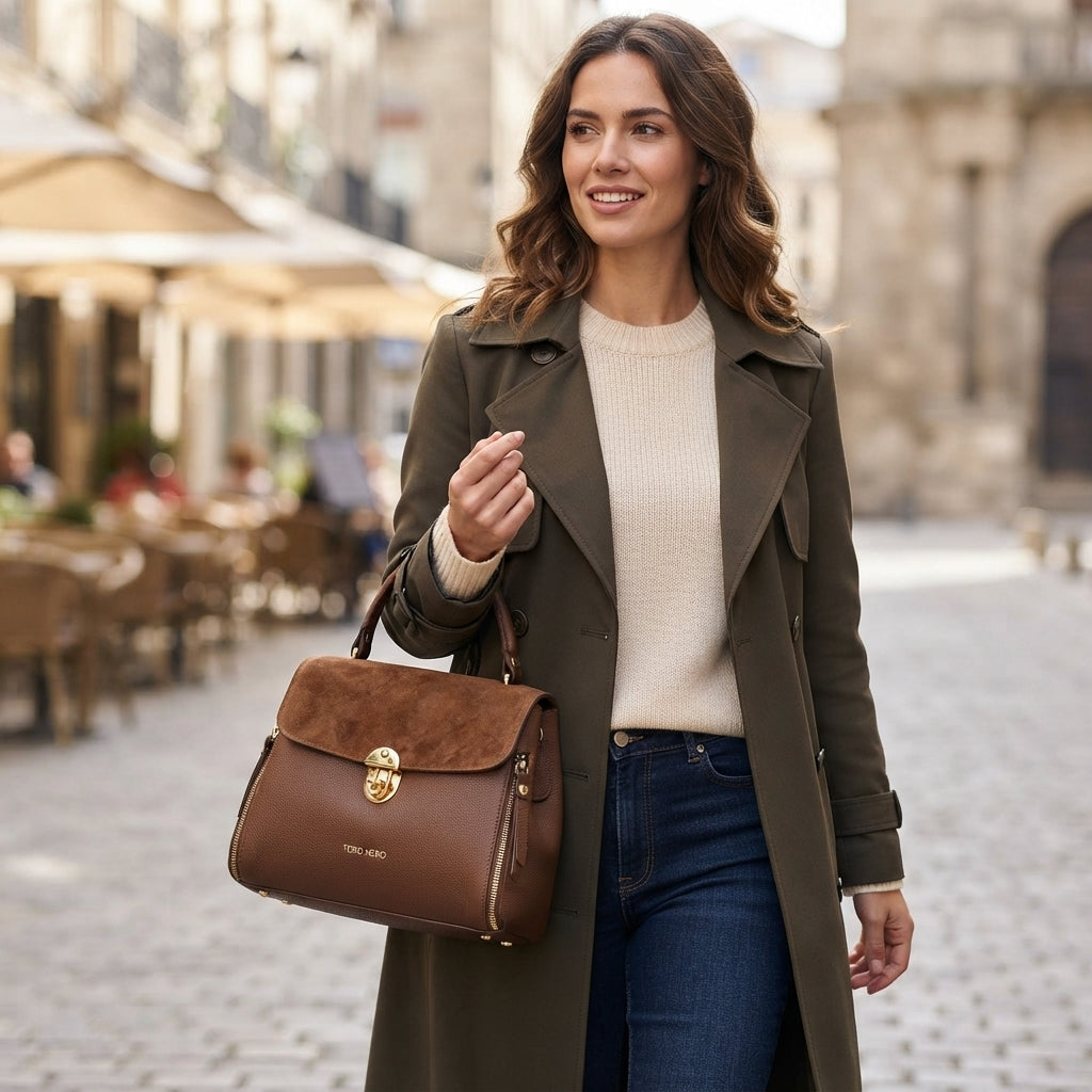 Geanta dama din piele intoarsa naturala maro Karla