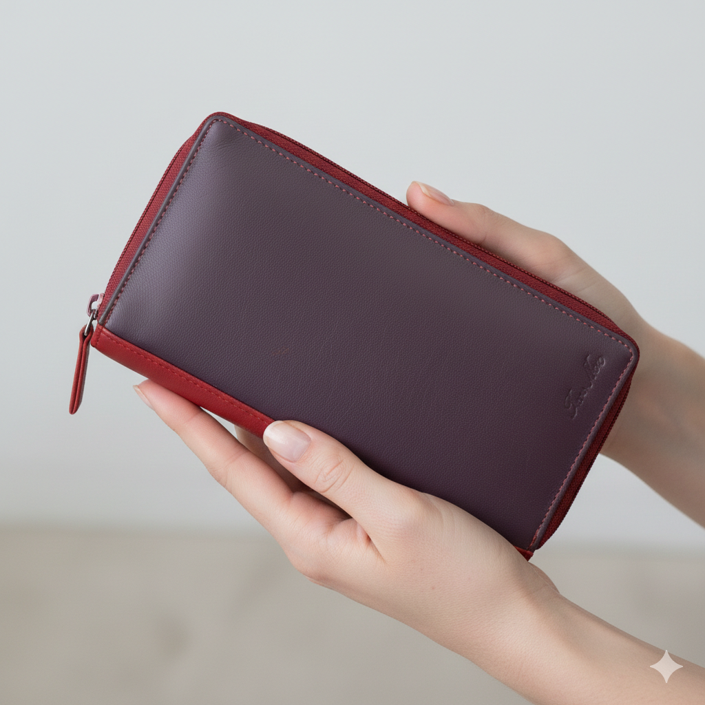 Portefeuille femme en cuir véritable violet Ina, protection RFID