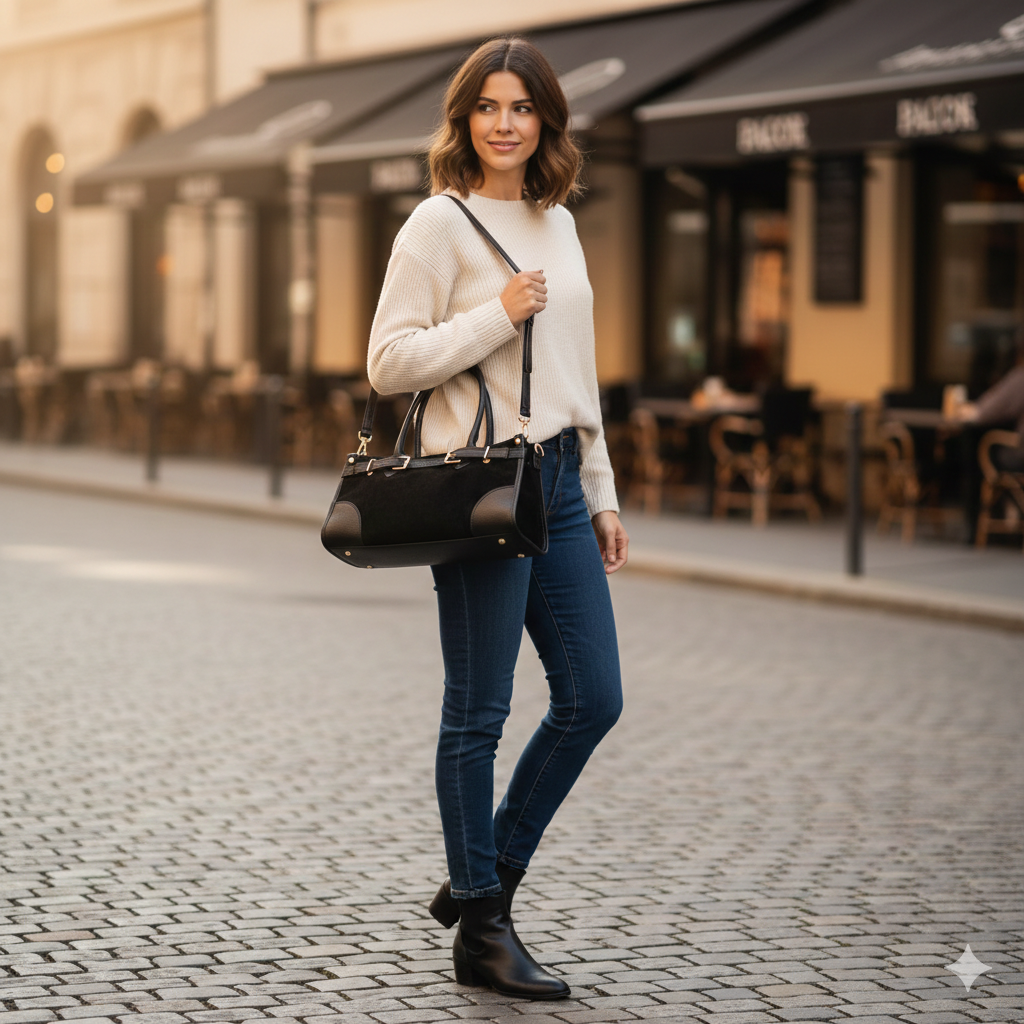 Sac à main femme en cuir véritable noir Evelin