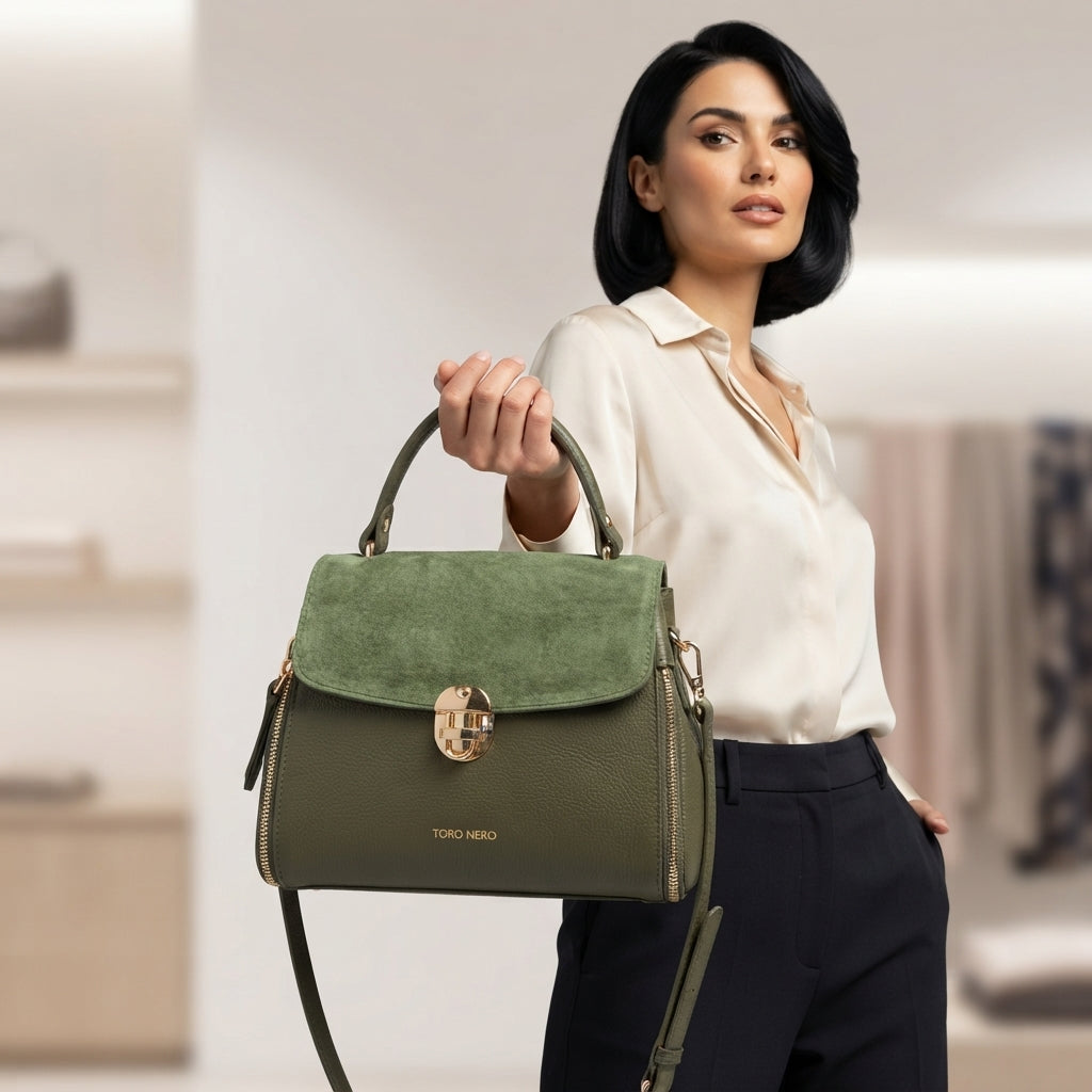 Geanta dama din piele intoarsa naturala verde armi Karla