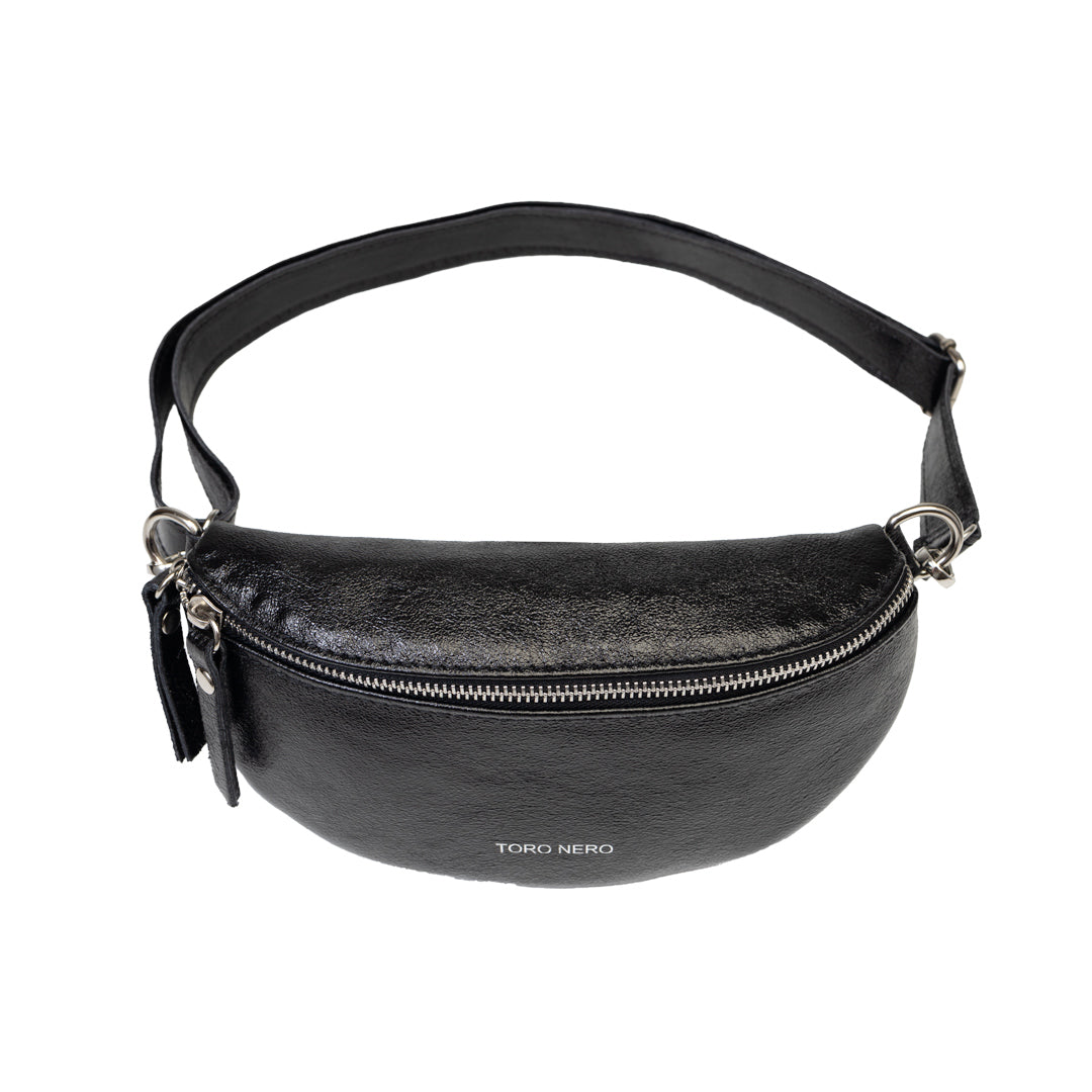 Borsetă damă din piele naturala negru sidefat Waist Glam